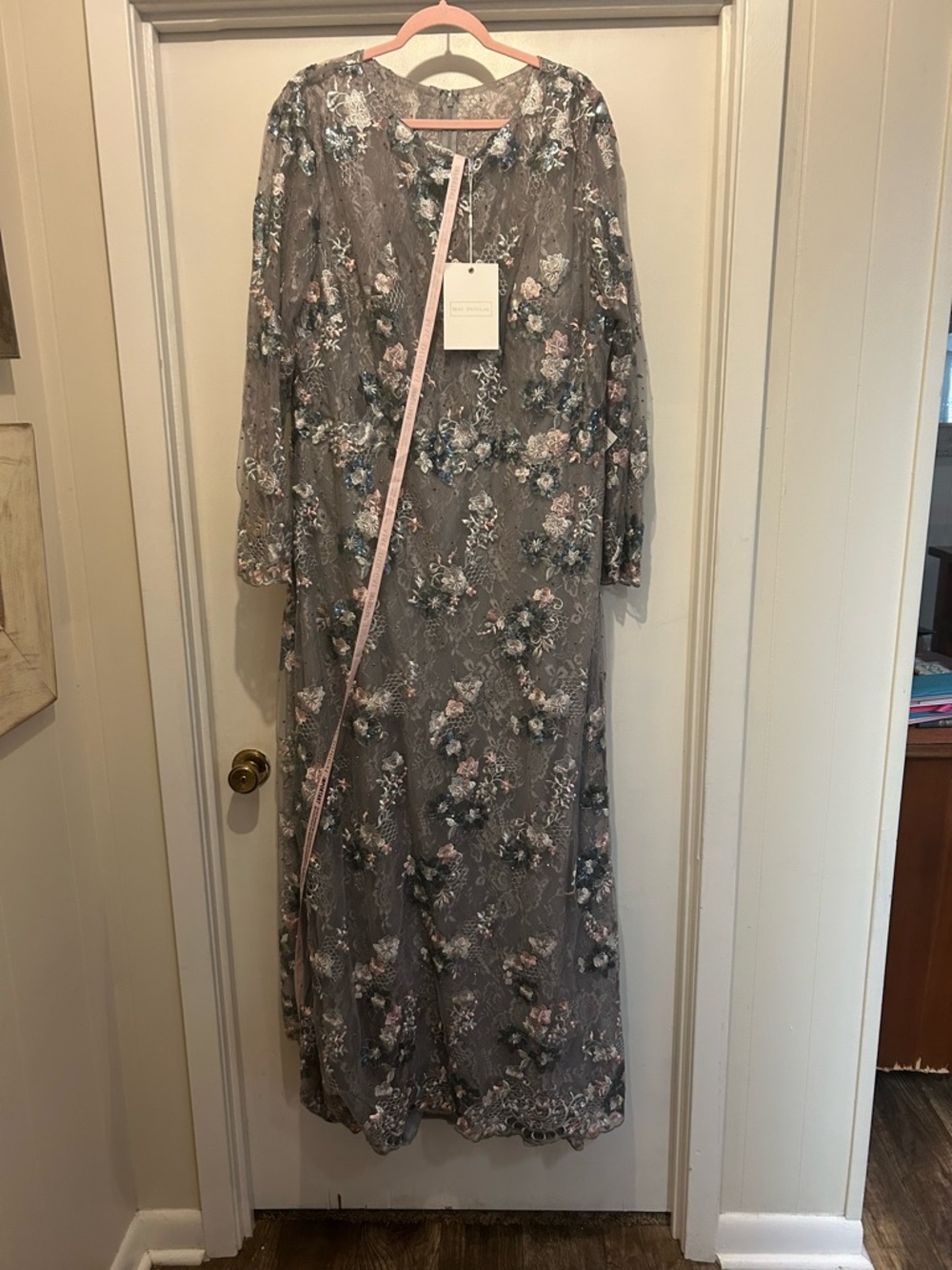 Mac Duggal Gray Lace Maxi Dress with Pink and Blue Floral Embroidery